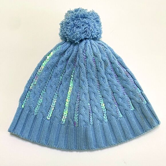 Children’s Place Cotton Cable Knit Winter Hat Blue Sequins Pom Girls Size 7-8 - Picture 1 of 10